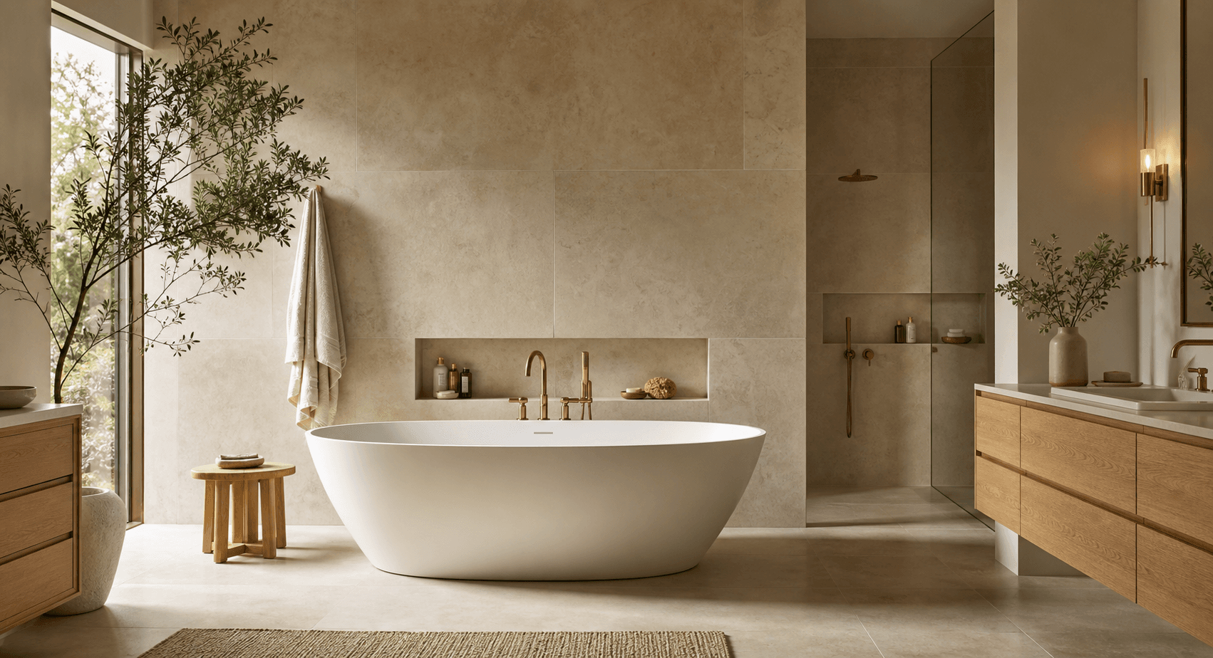 Warm stone bathroom showroom with a freestanding bathtub
