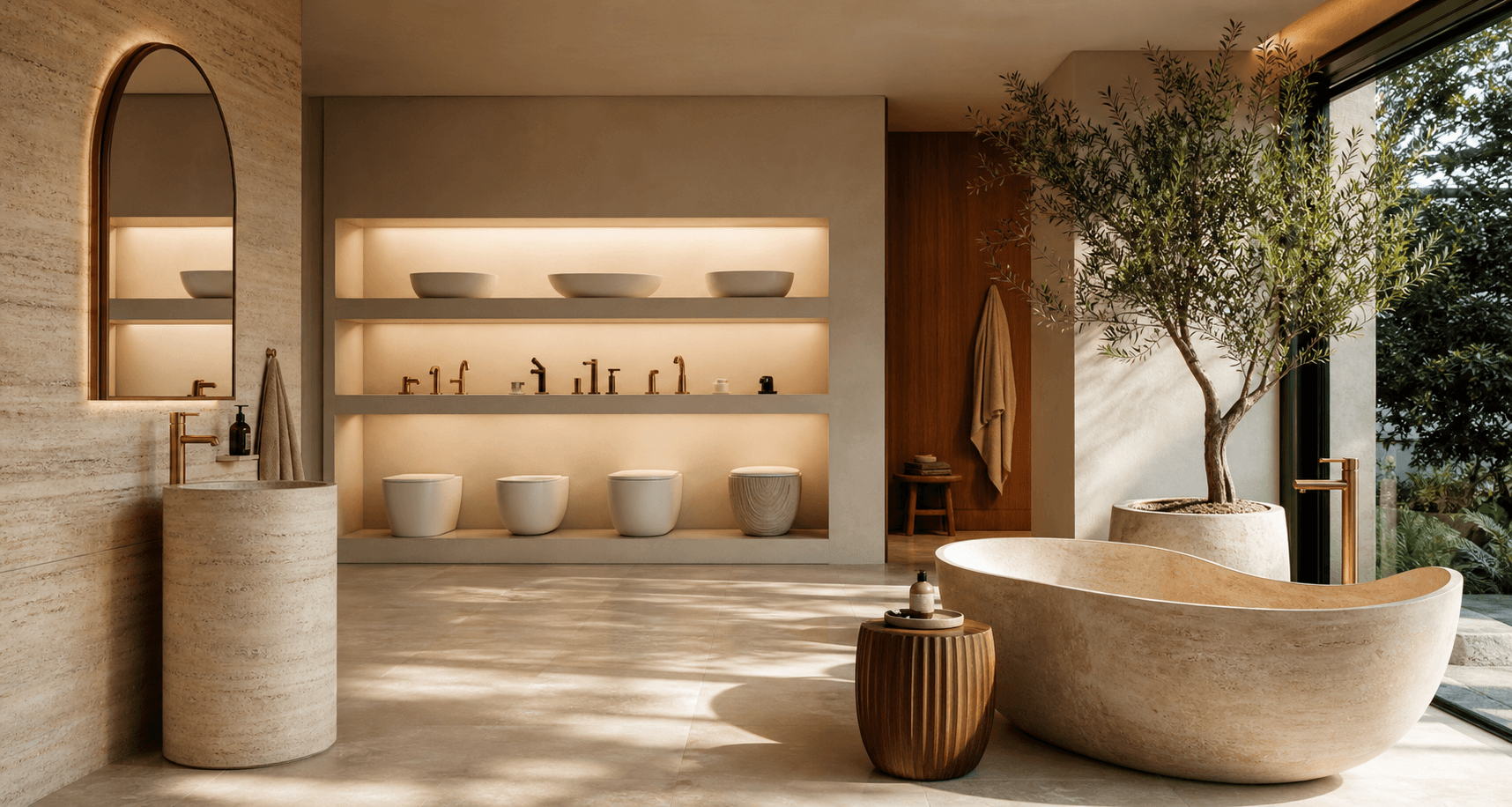 Spa-inspired bathroom showroom in warm travertine