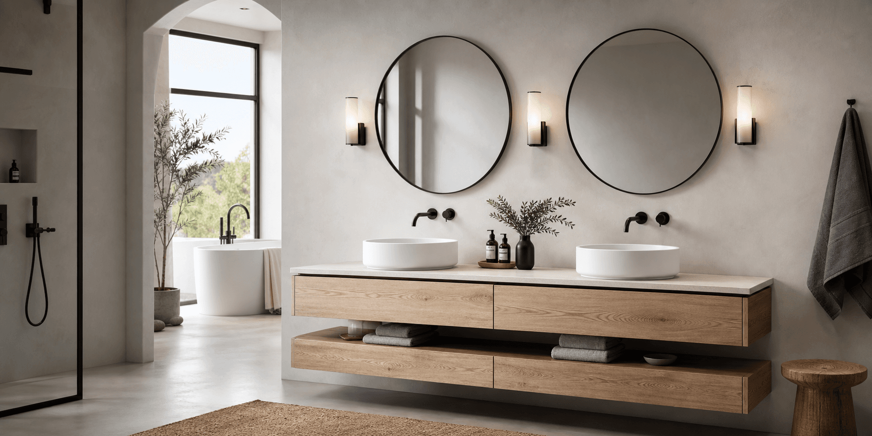 Modern double vanity showroom with round mirrors